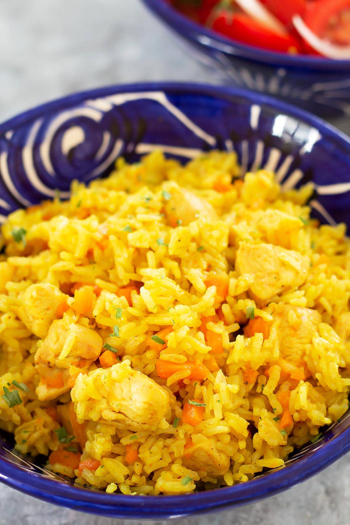 Chicken and Rice Pilaf in blue bowl