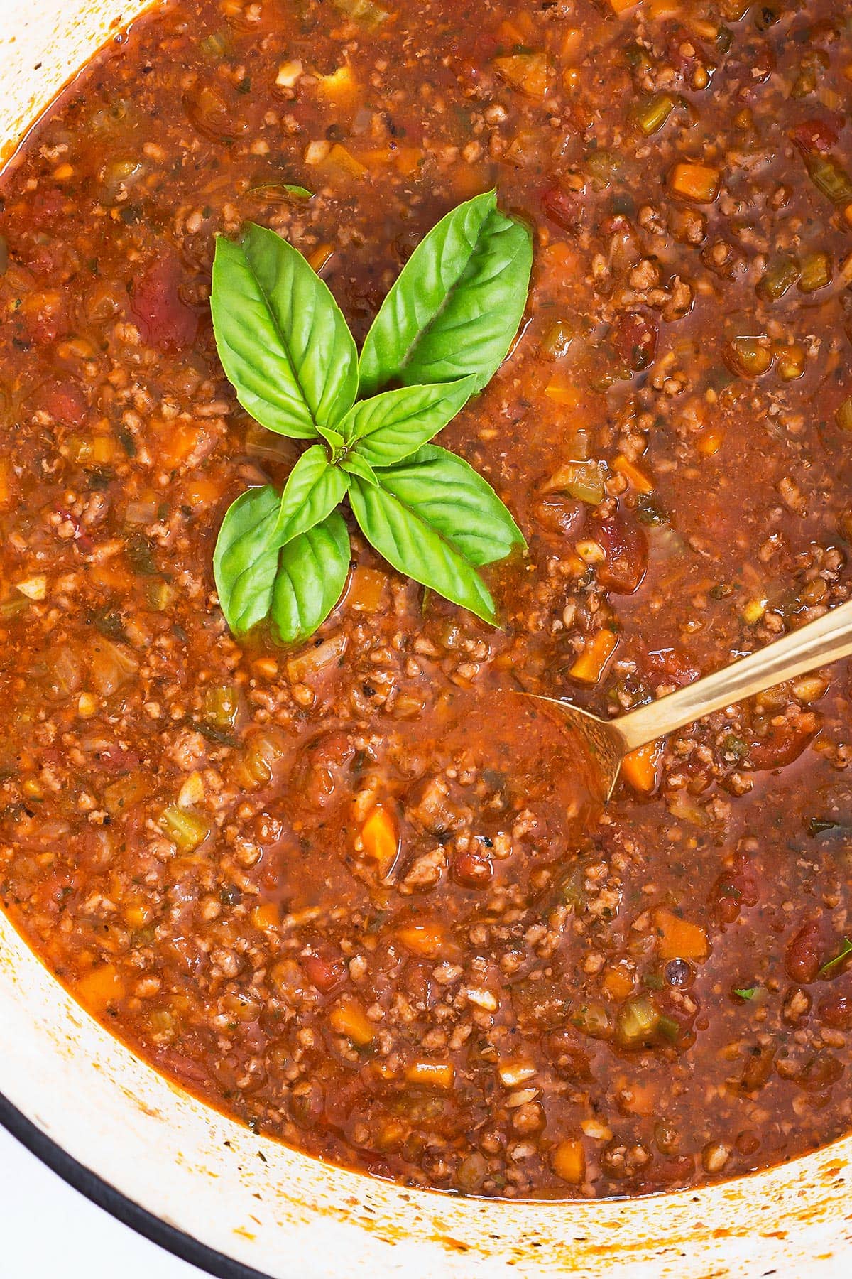 Homemade Bolognese Sauce with fresh basil in pot