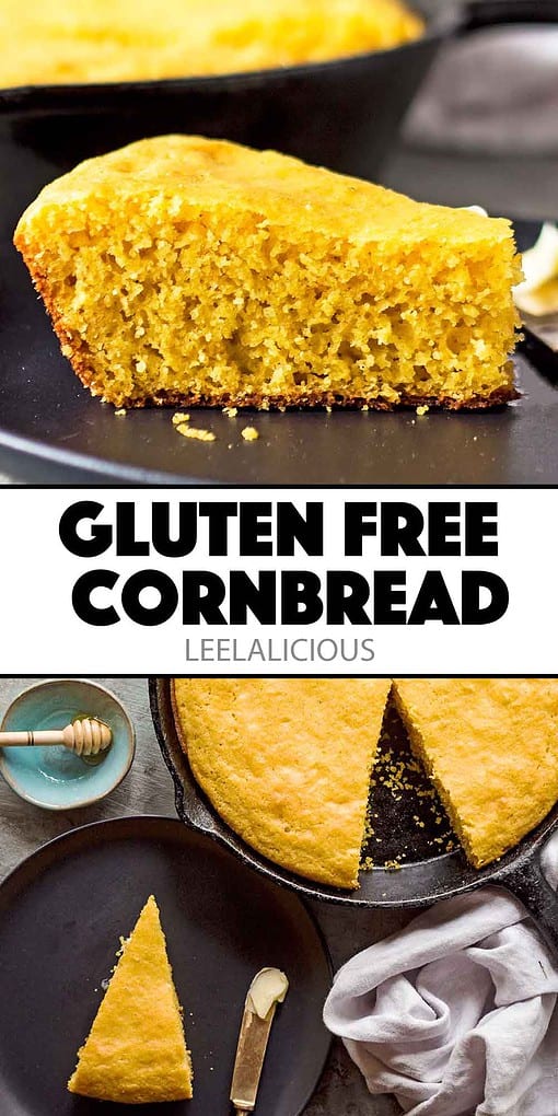 image collage of gluten free cornbread slice and cornbread in cast iron skillet
