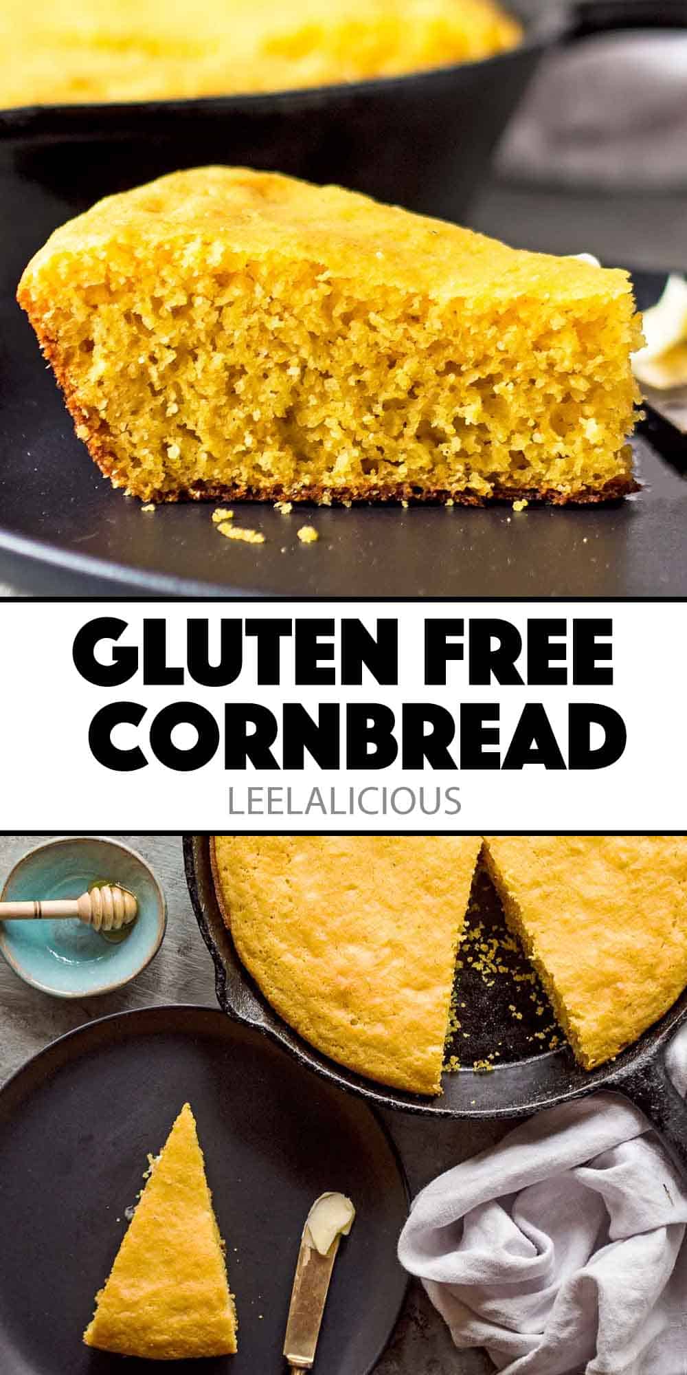 image collage of gluten free cornbread slice and cornbread in cast iron skillet