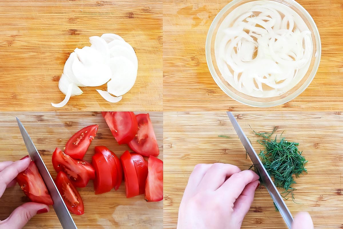 Collage images of sliced onions, soaking onions, sliced tomatoes, and chopped dill
