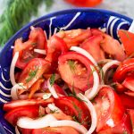 Shakarob Uzbek Tomato Salad for Plov in blue bowl
