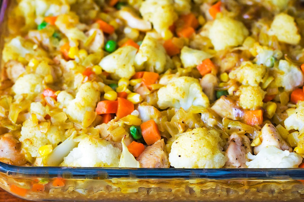 Baked Curry Chicken and Rice Casserole in baking dish