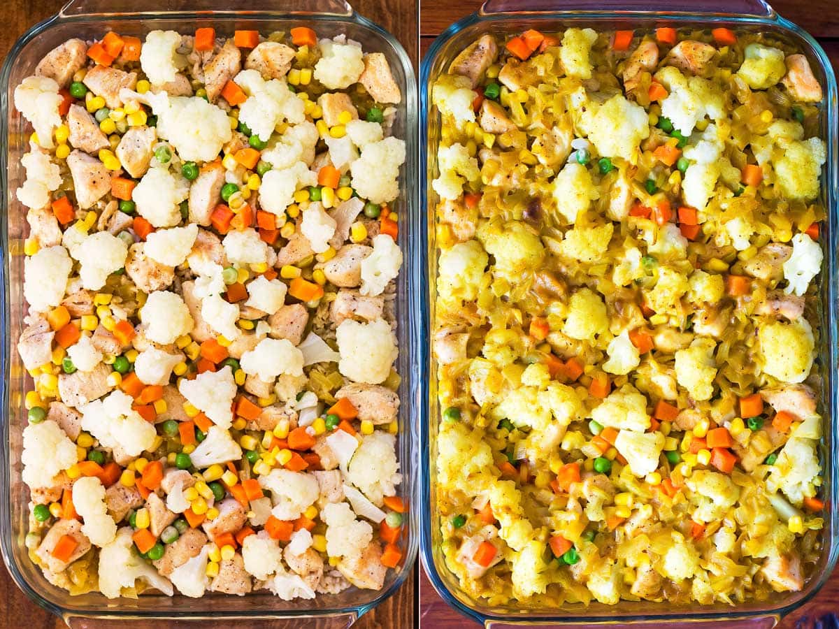 Assembled chicken rice vegetable casserole before and after baking