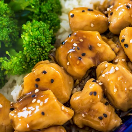 Easy Chicken Teriyaki over rice with steamed broccoli floret