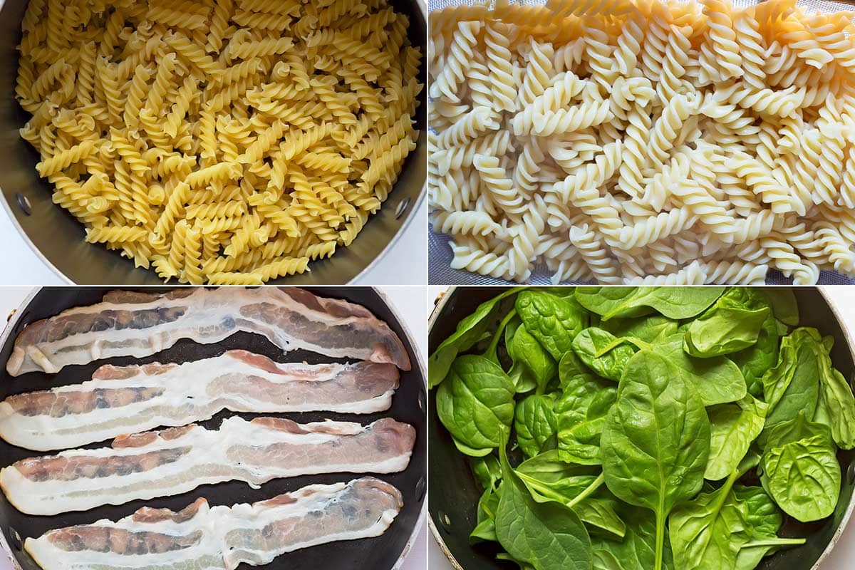 Dry and cooked pasta, bacon, and spinach in pan