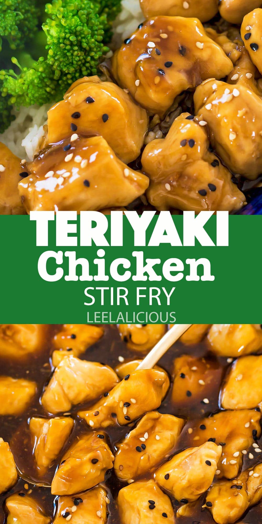 teriyaki chicken in bowl with broccoli and in pan with golden serving spoon