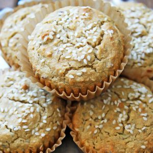 Tahini Muffins with sesame topping on silver tray