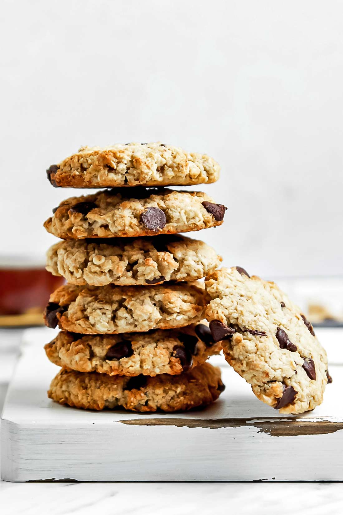 Stack of coconut flour oatmeal chocolate chip cookies