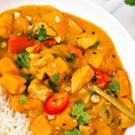 Thai Peanut Butter Curry in bowl with rice