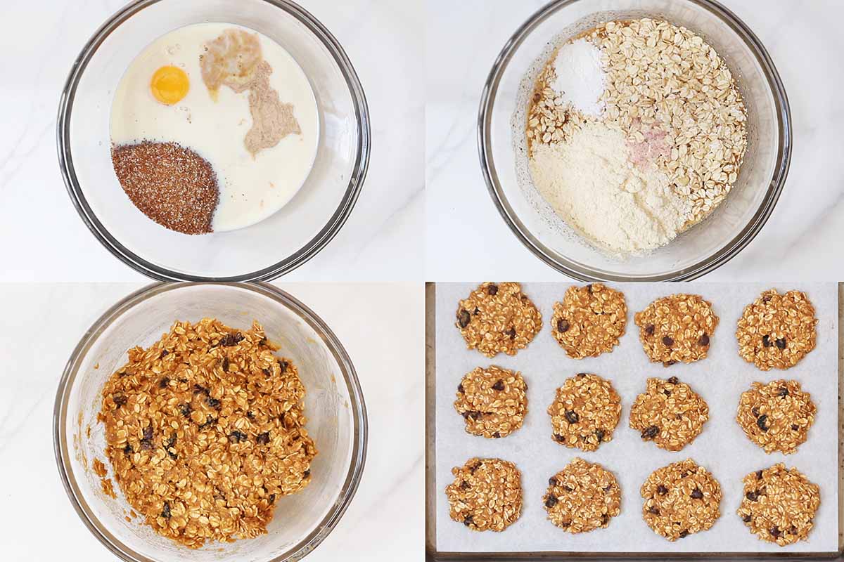 4 step collage how to make coconut flour oatmeal cookies