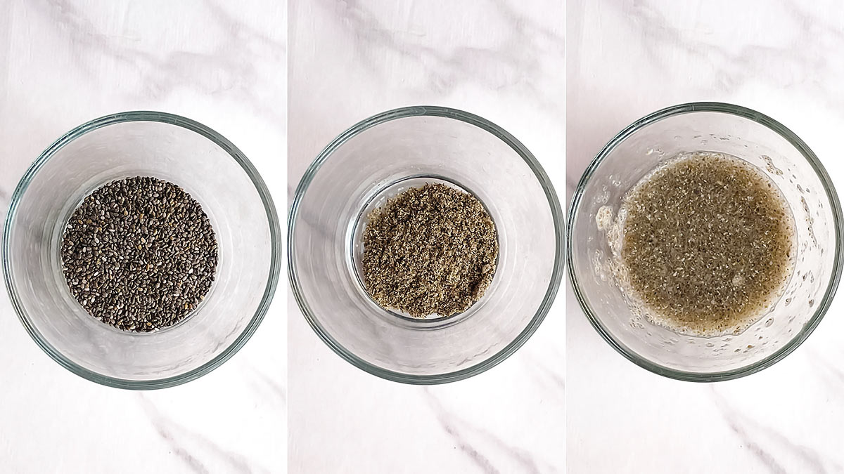 3 small glass bowls with whole chia seeds, ground chia, and chia egg replacement