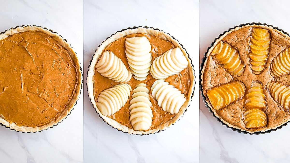 Pear almond tart progression with frangipane filling, fresh pear topping, and baked tart 