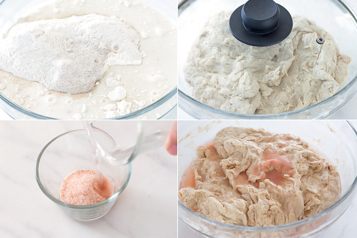 Mixing sourdough, autolyse dough, dissolving and adding salt