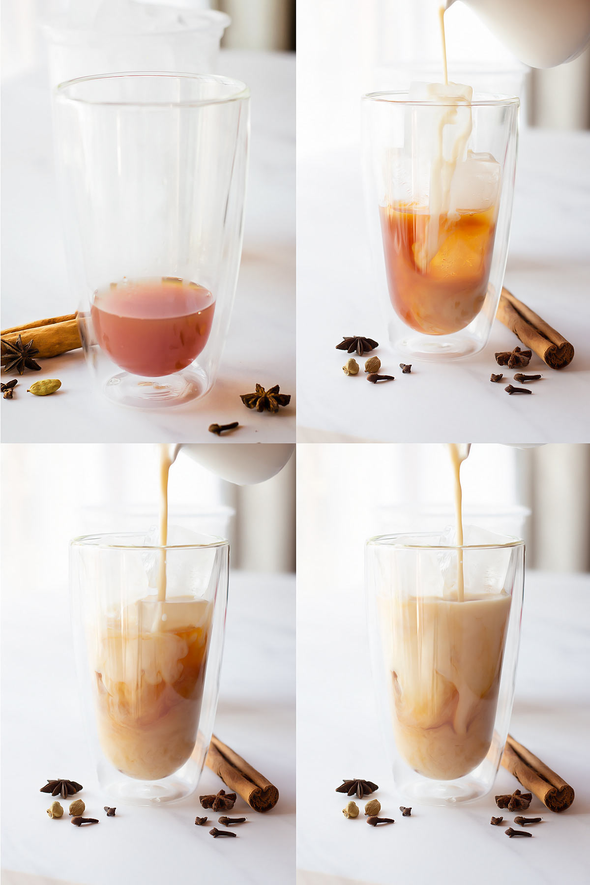 4-step progression of making iced chai latte from concentrate