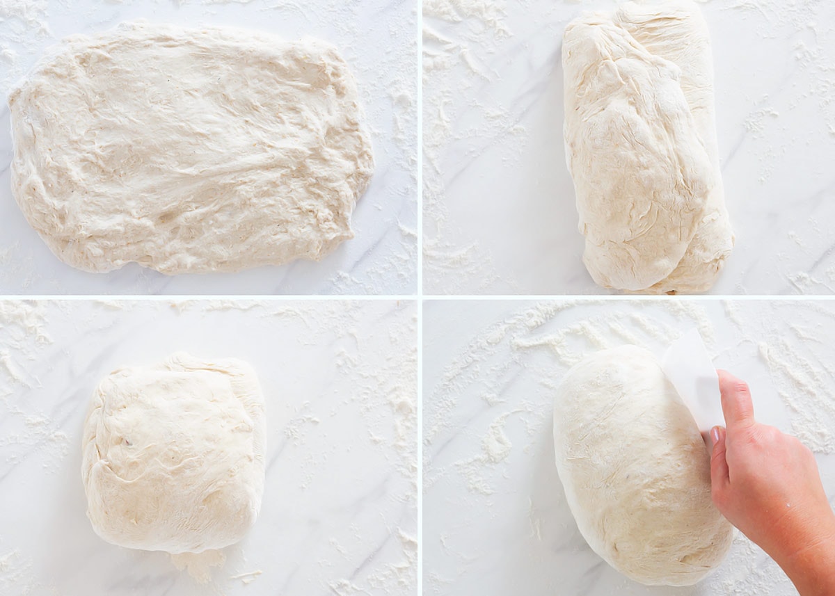 4 images showing steps of shaping sourdough into a boule