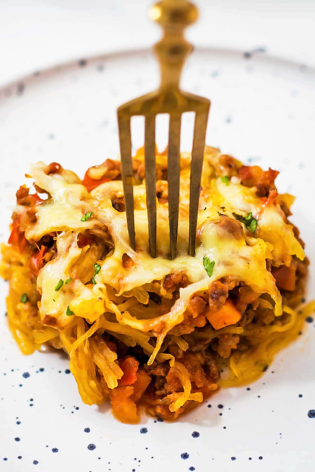 Fork in plated serving of baked spaghetti squash