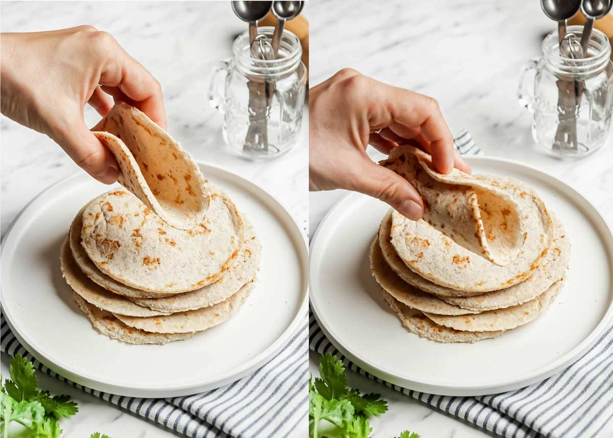 Coconut Flour Tortilla Wraps being held folded and rolled to show flexibility