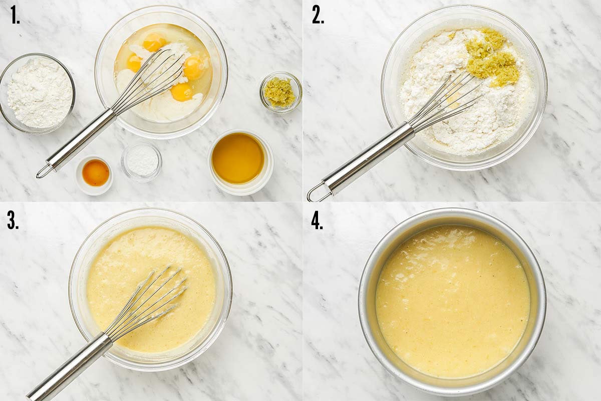 4-step image collage of phases in preparing lemon cake batter