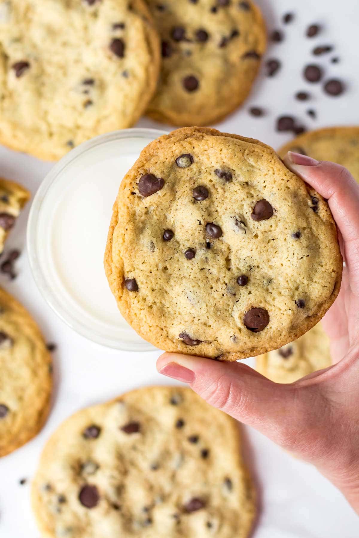 Soft Chocolate Chip cookie held by a hand over glass of milk
