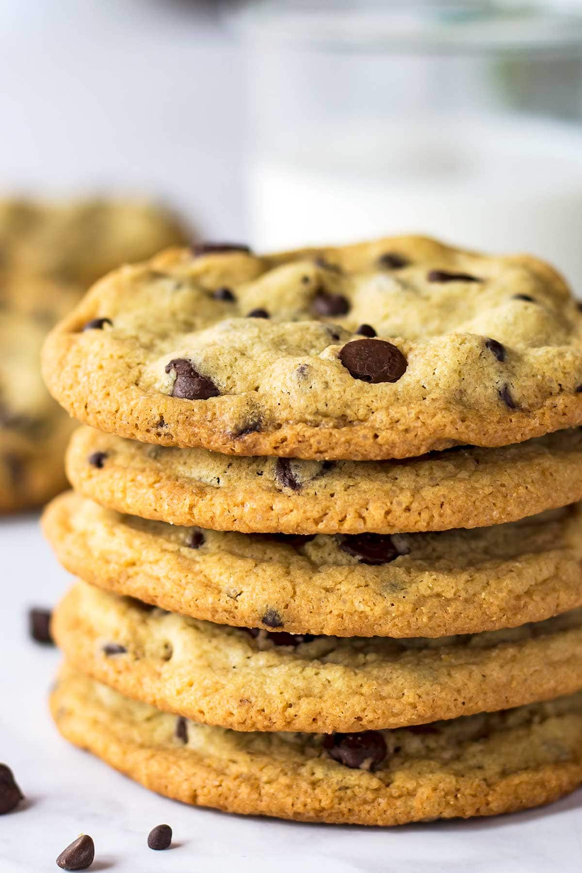 Stack of thick chocolate chip cookies