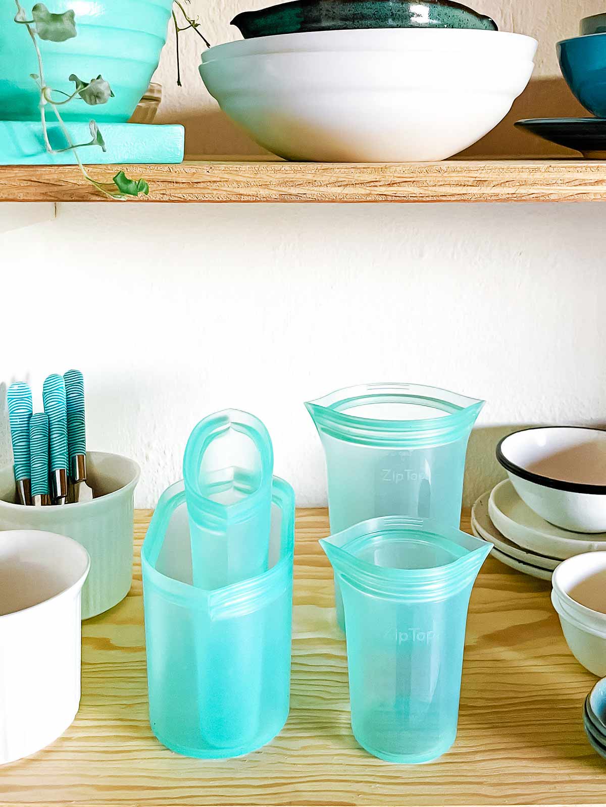 Teal Zip Top containers in shelf with other white and teal containers