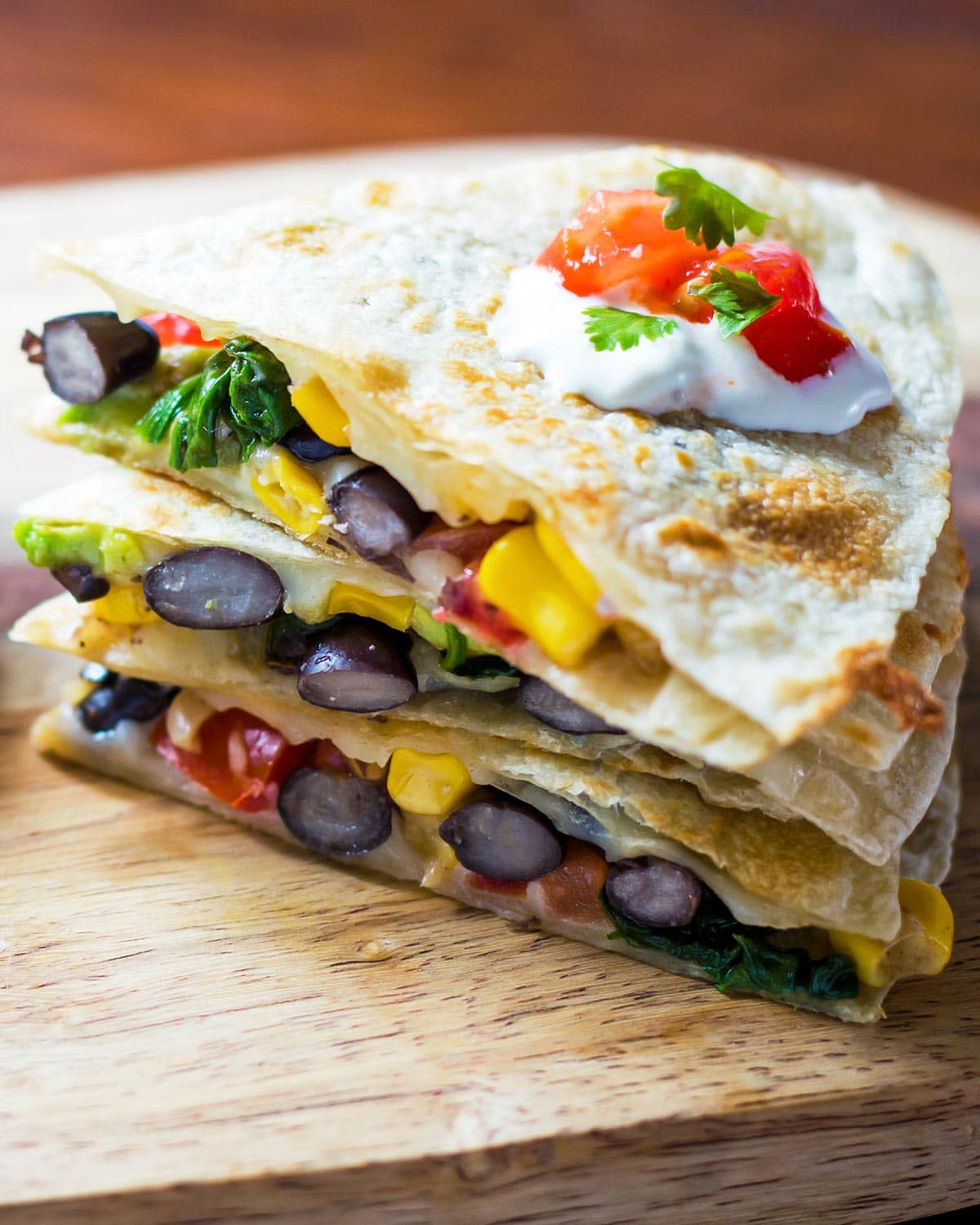 Stack of Black Bean Spinach Quesadilla Triangles