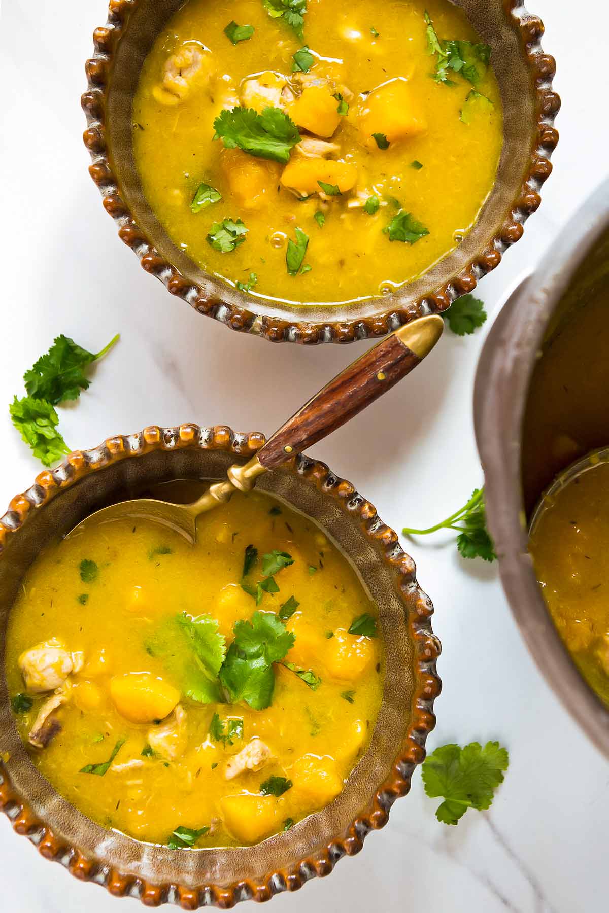 two bowls of pumpkin chicken soup