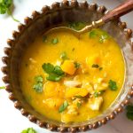 Pumpkin Chicken Soup in bowl with spoon and cilantro topping