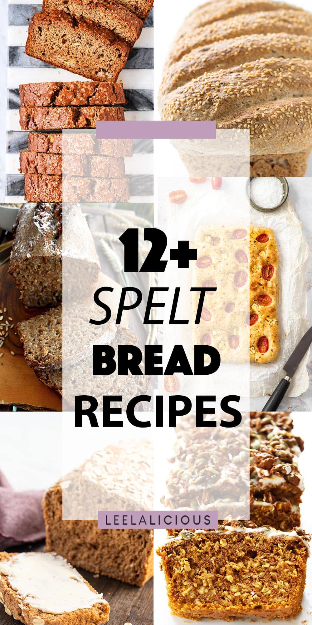 6 image collage of spelt bread recipes