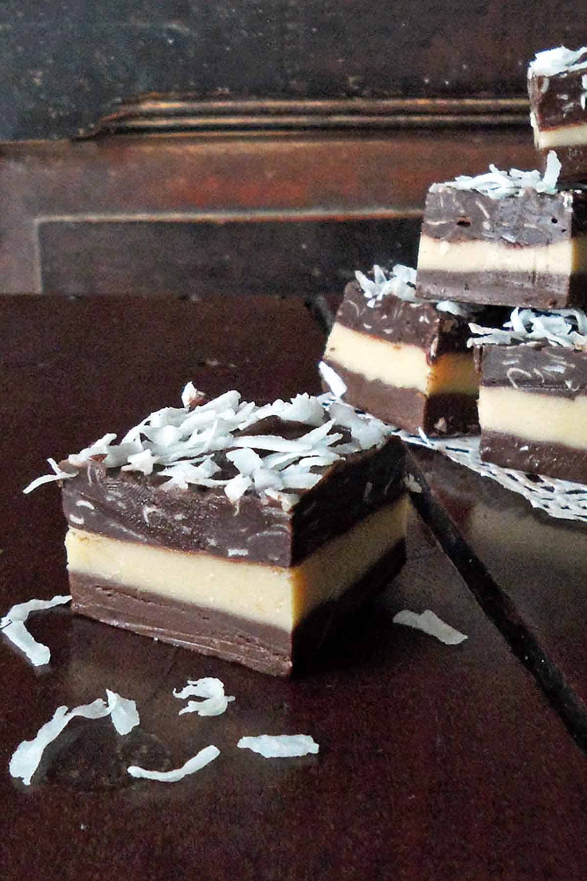 easy fudge with mocha, peanut butter, and coconut layer