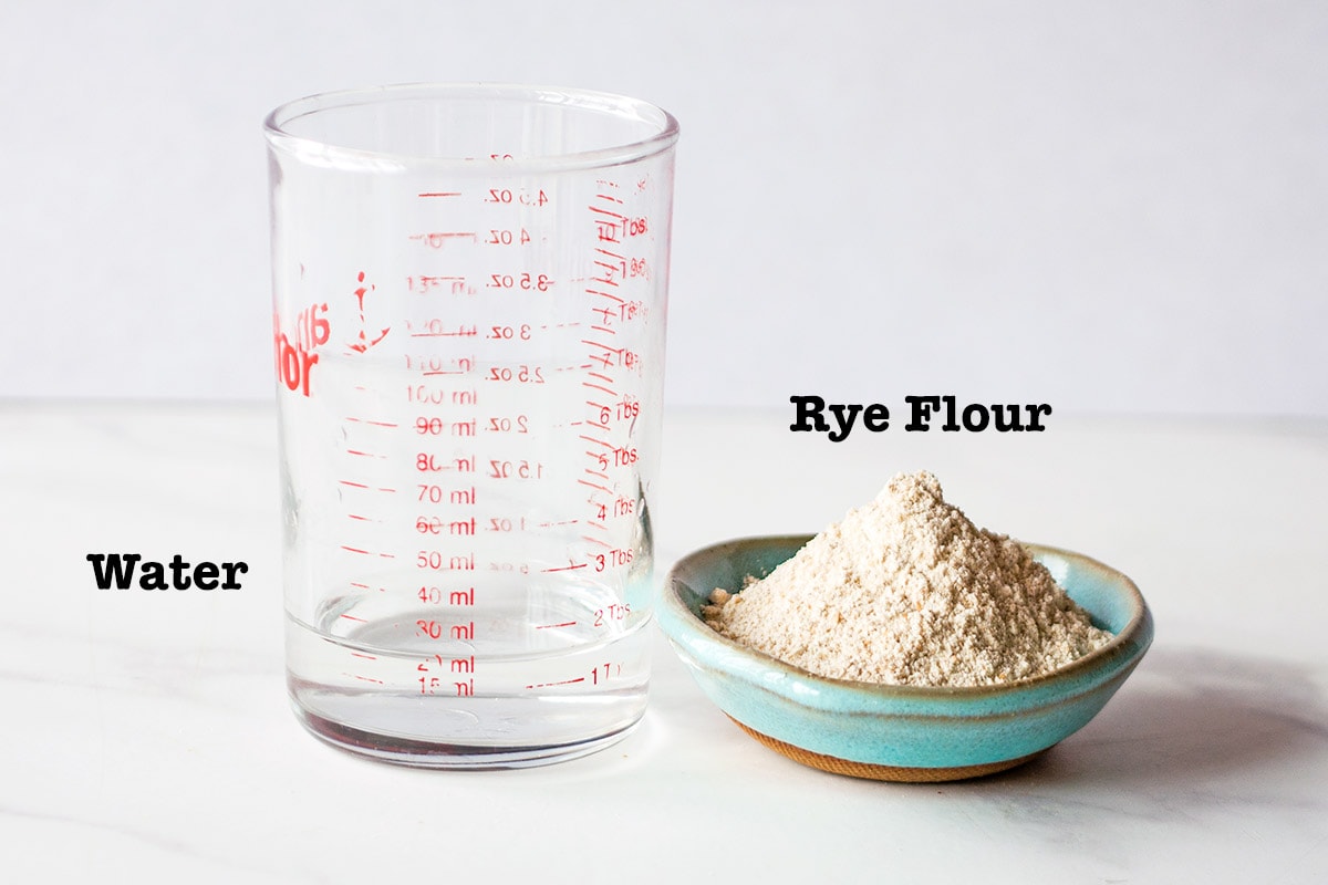 Ingredients for rye starter - water in a jar and rye flour in small bowl