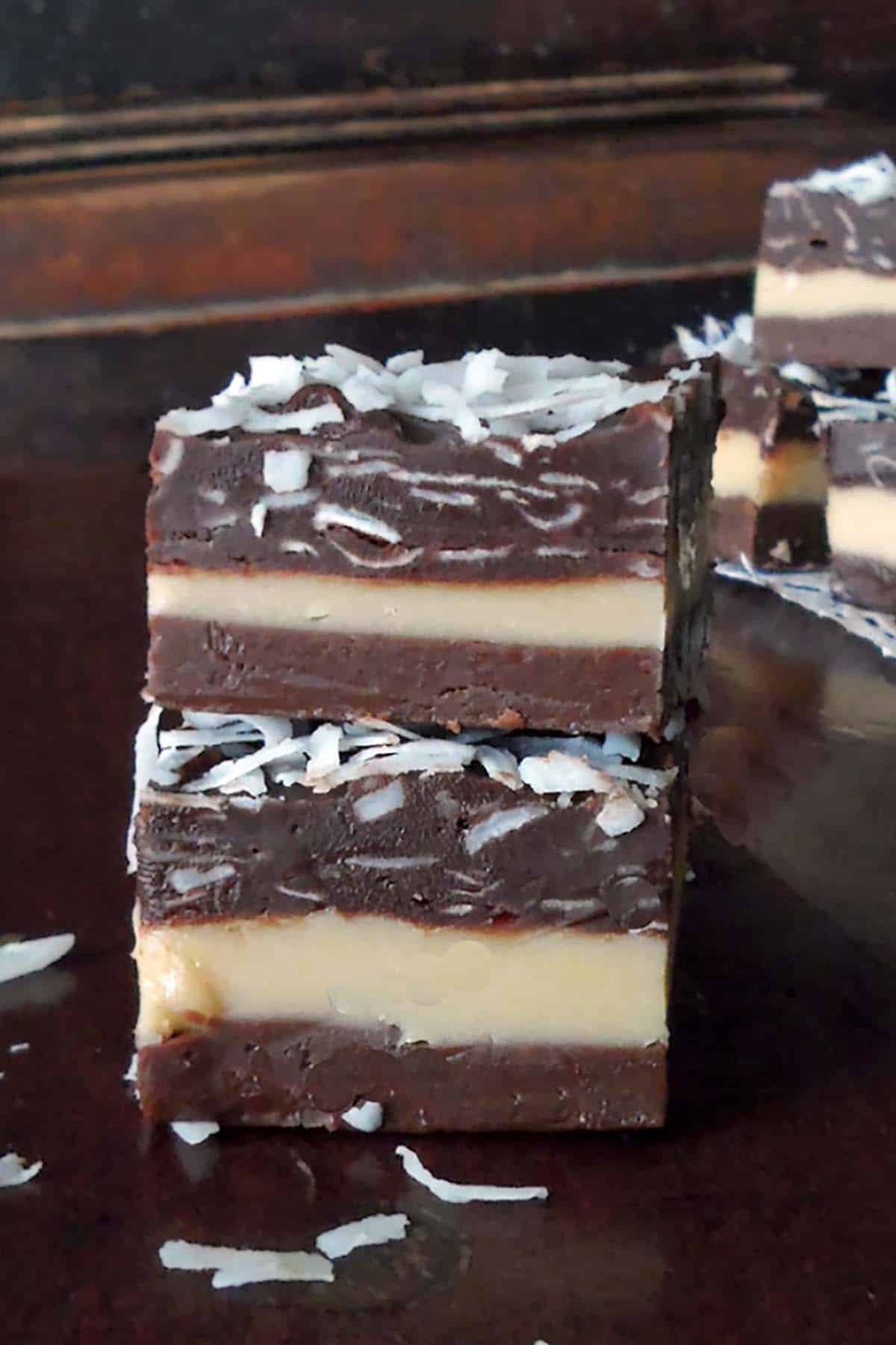 two pieces of layered Fudge stacked