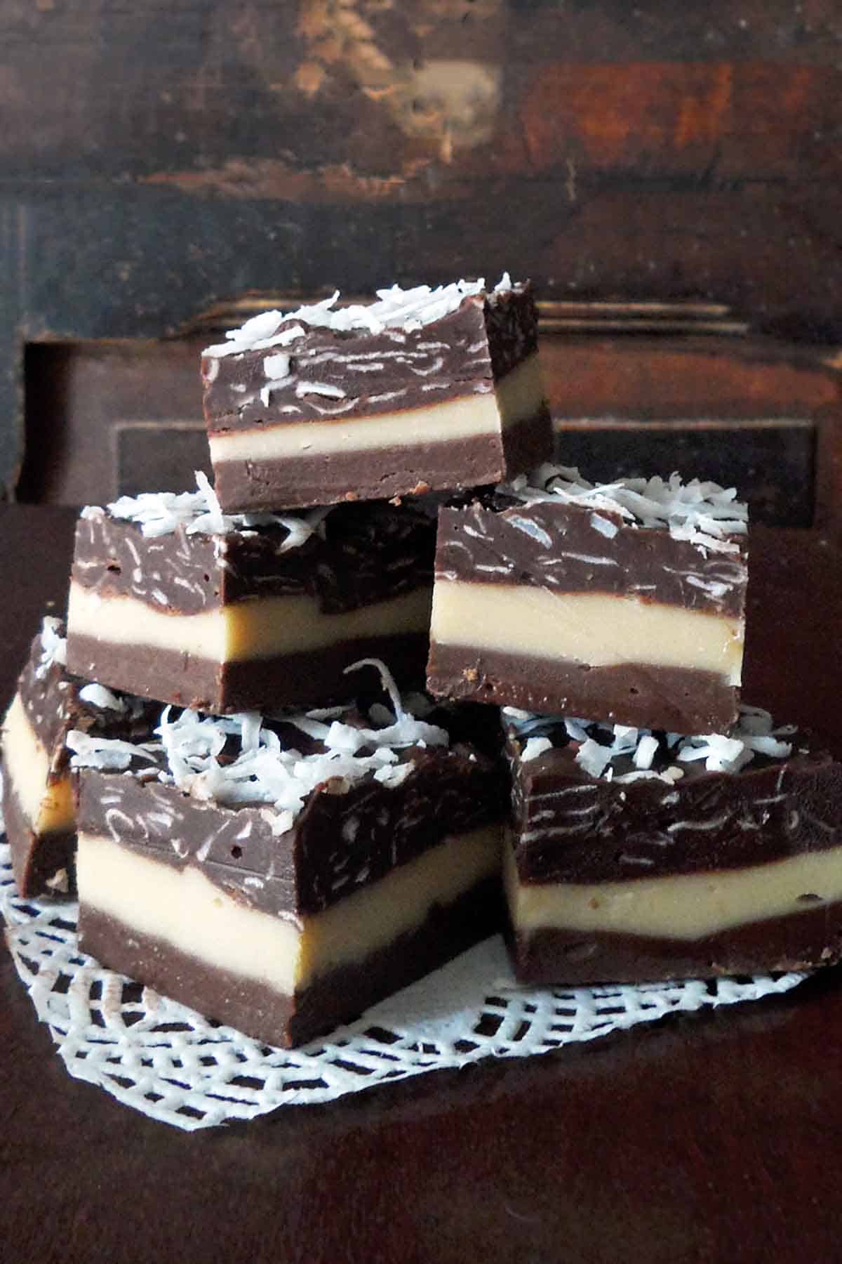 triple chocolate fudge pieces stacked