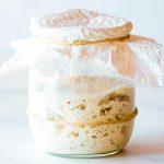 Bubbly gluten free sourdough starter in small glass jar