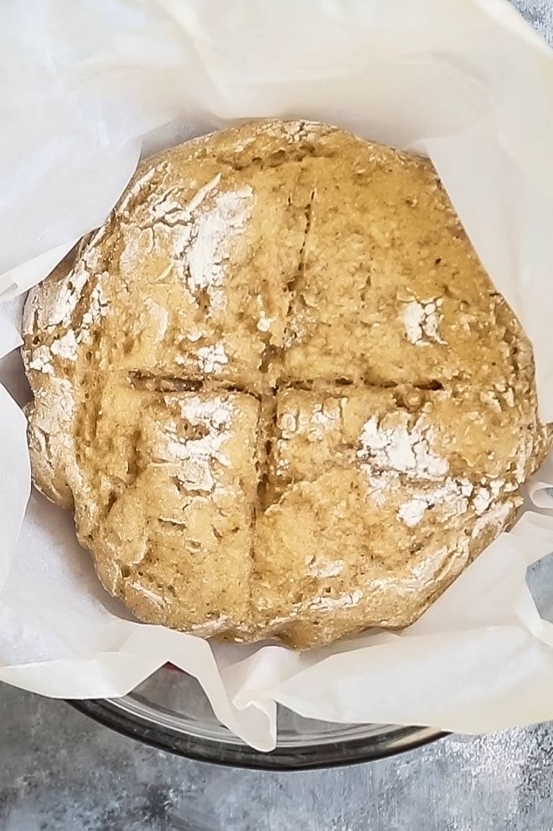 Gluten free sourdough bread in glass bowl