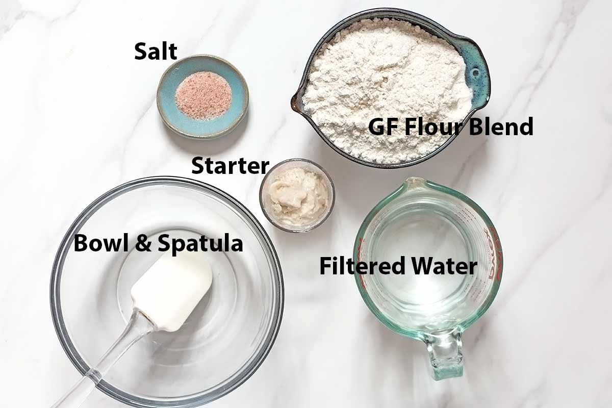 Gluten free sourdough bread ingredients and tools laid out