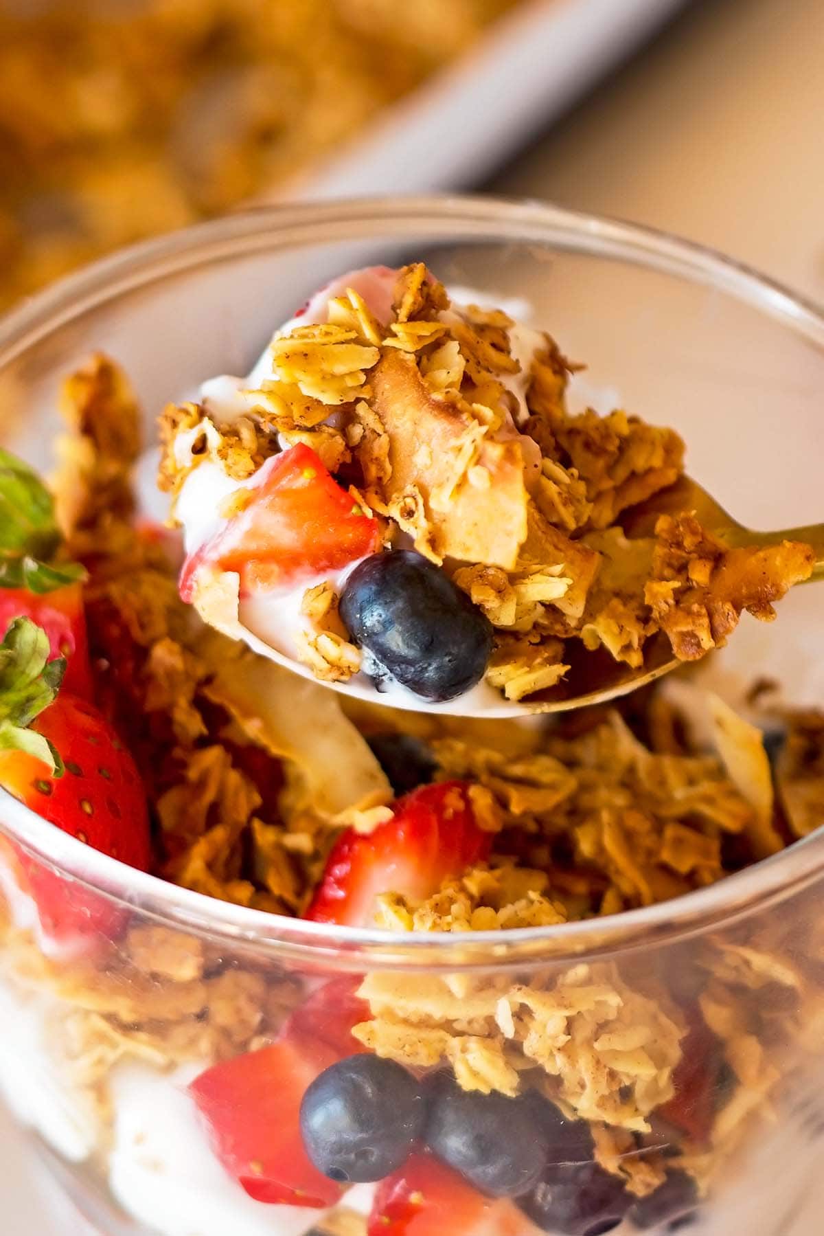 Paleo granola on spoon with fruit and yogurt