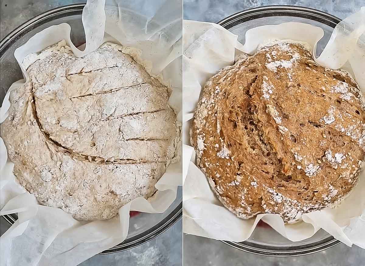 Multiseed bread before and after baking