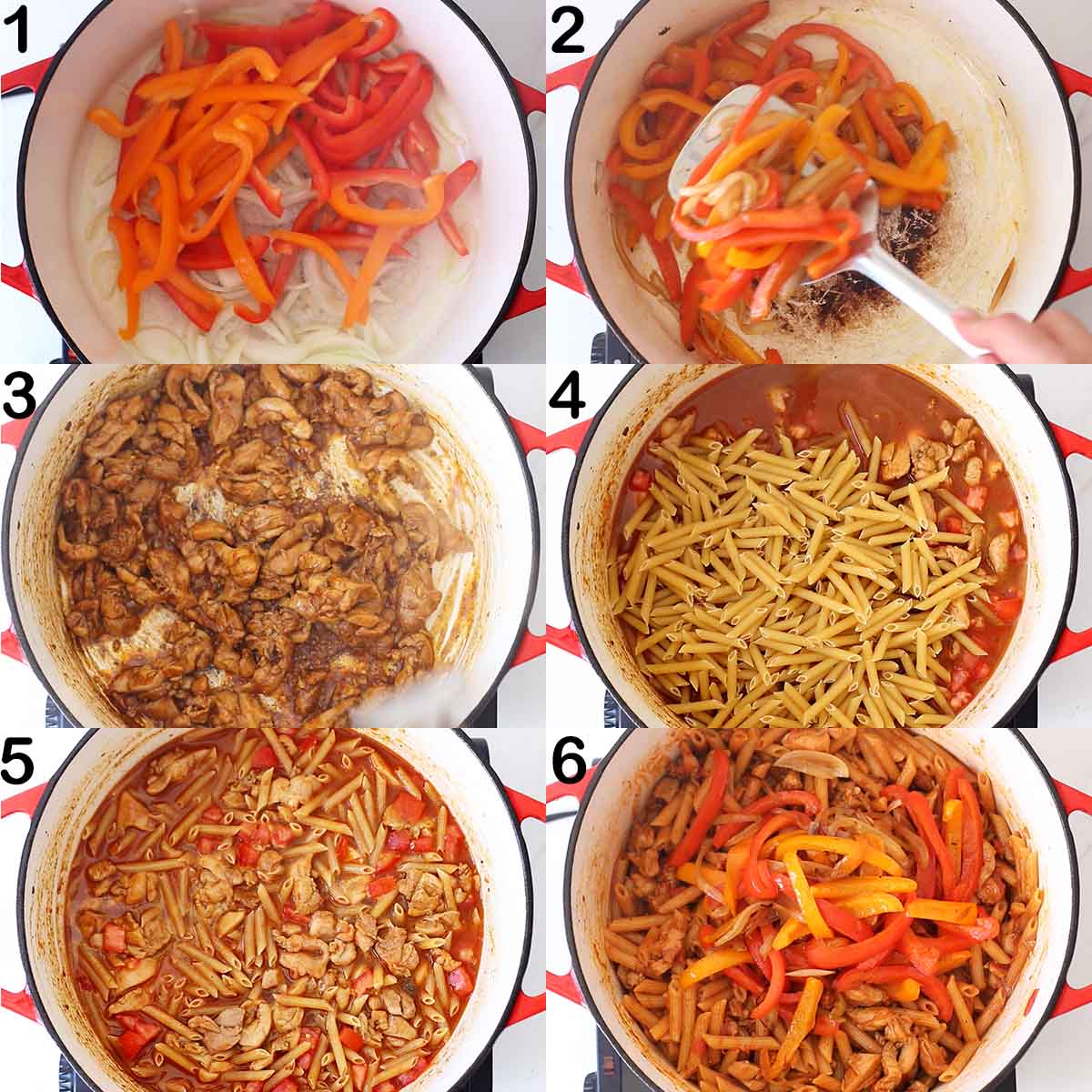 6 step picture collage how to make fajita pasta