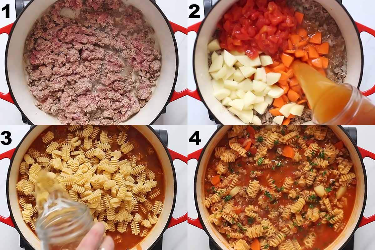 4 steps of making ground beef stew