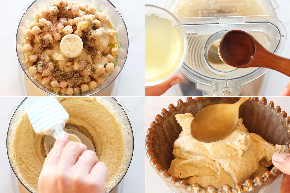 four step image collage of how to make hummus