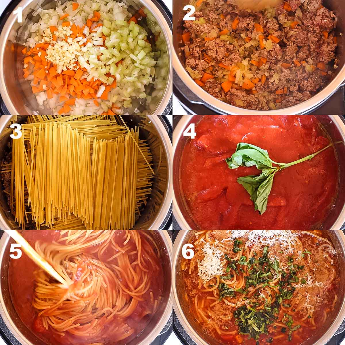 6 step image collage how to make instant pot spaghetti