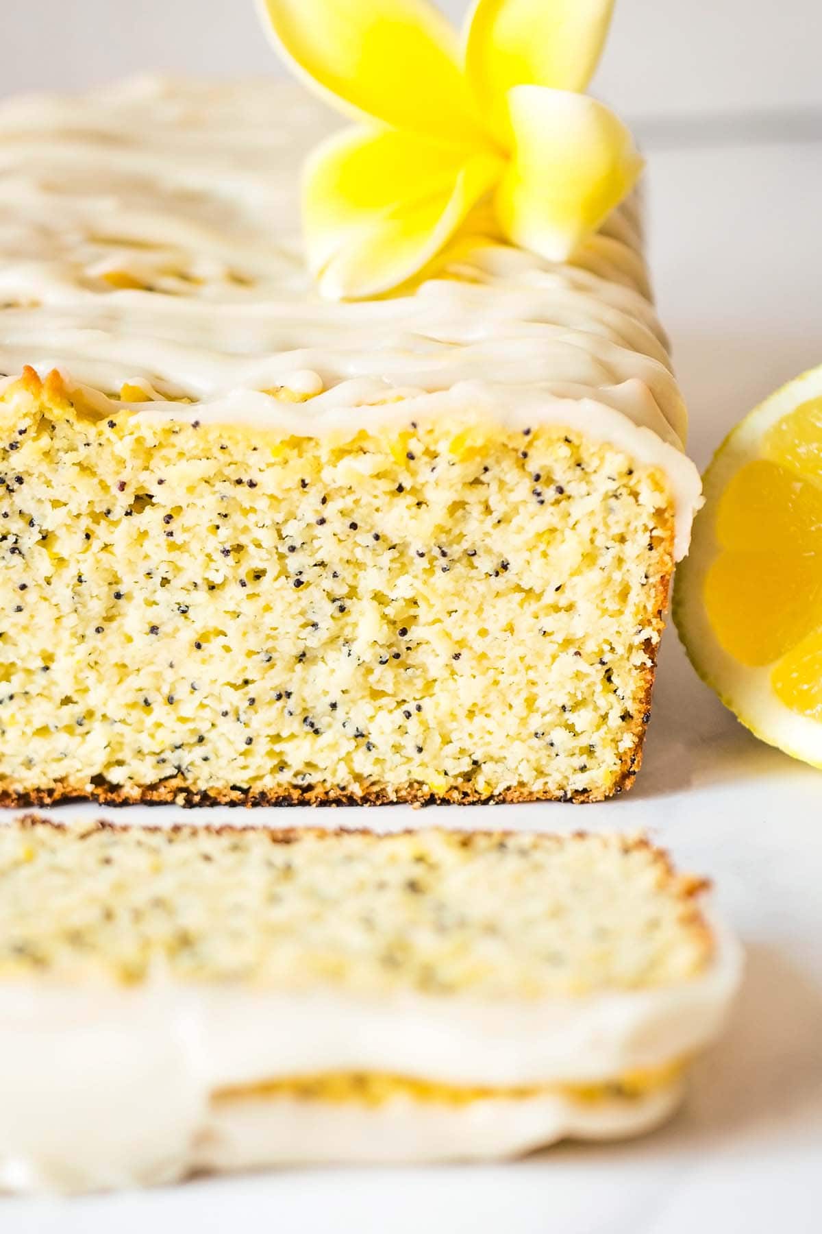 Keto lemon loaf close up view of inside crumb texture