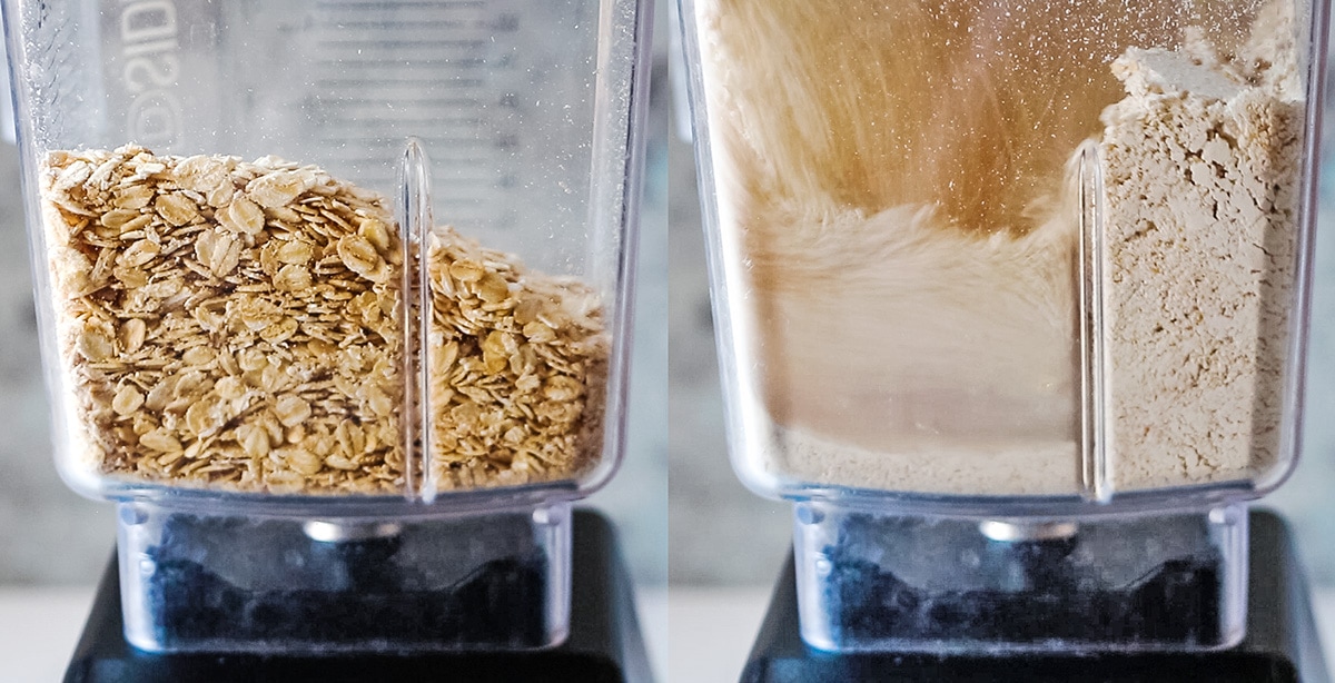 Rolled oats in a blender, next oats being turned into oat flour