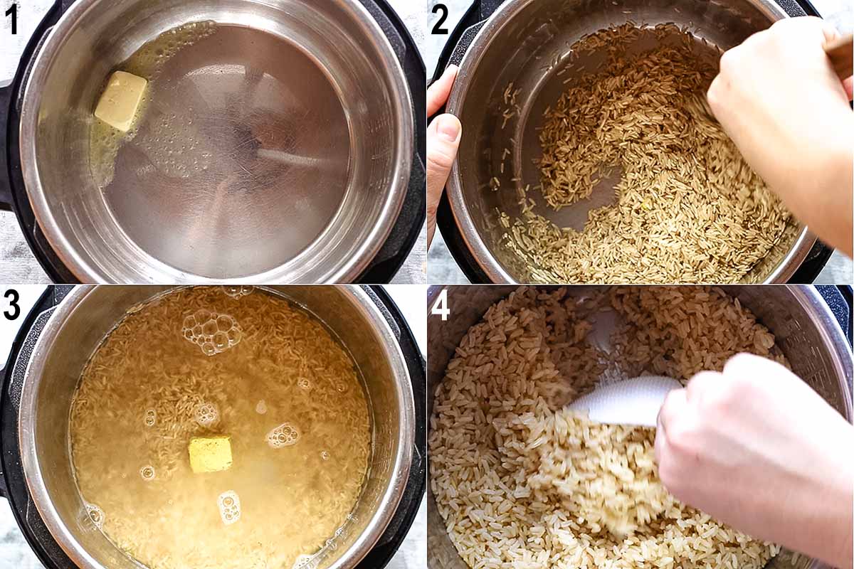 4 step tutorial collage of how to cook instant pot brown rice
