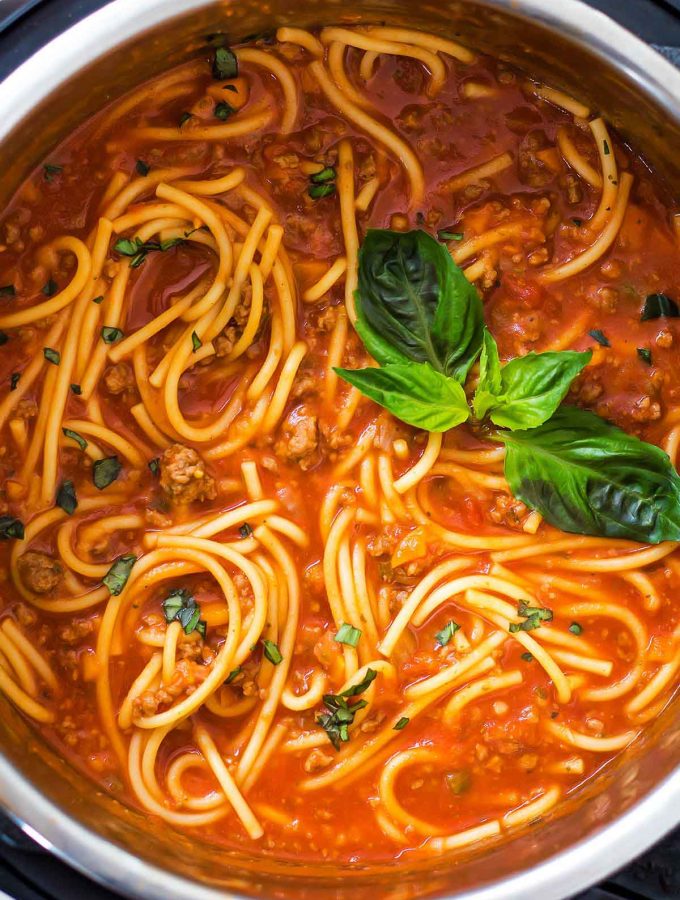 Cooked spaghetti and meat sauce in Instant Pot