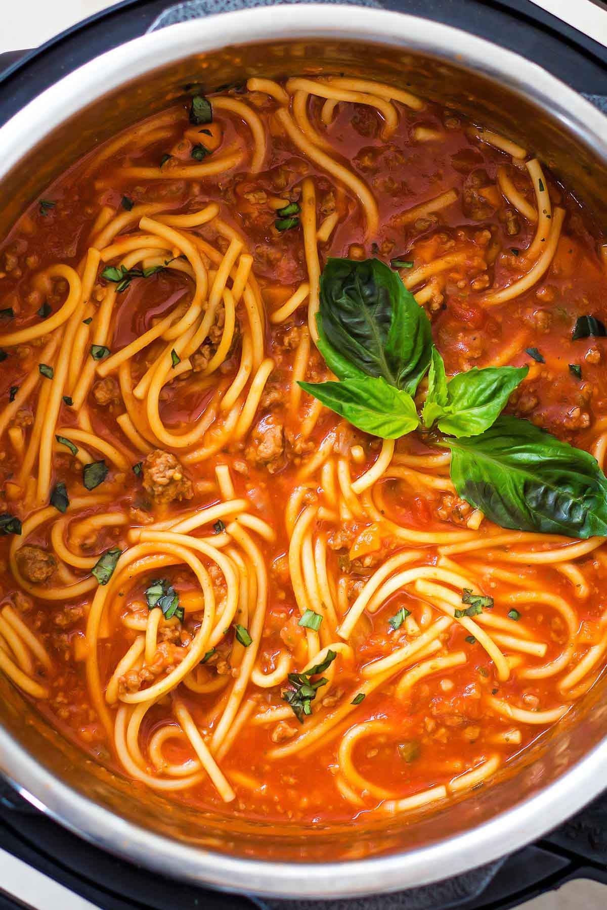 Cooked spaghetti and meat sauce in Instant Pot