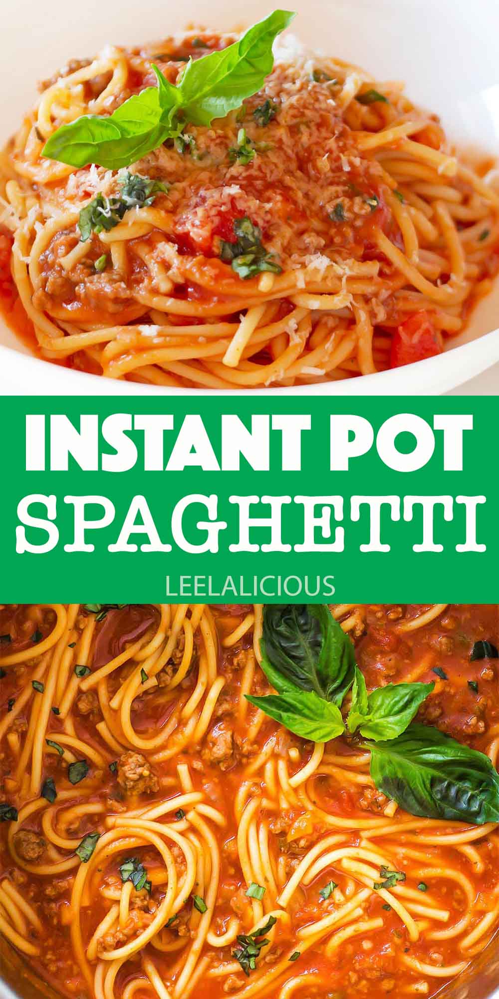 spaghetti with meat sauce in white bowl and inside Instant Pot