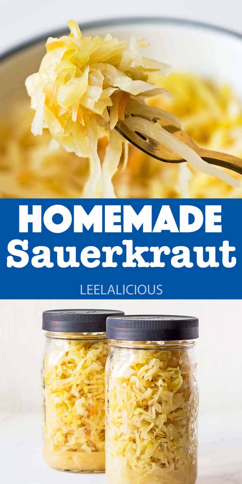homemade sauerkraut on fork and in mason jars